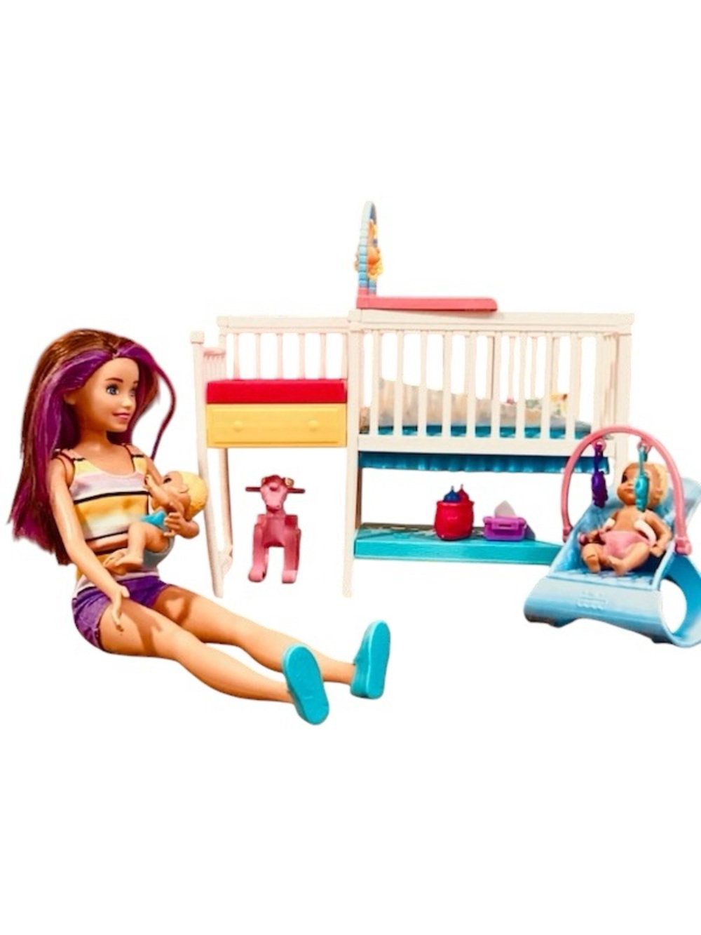 Skipper Doll Nursery Set with White Crib, Pink, Blue and Yellow Accents
